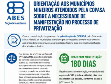 ABES-MG ORIENTA MUNIC&Iacute;PIOS SOBRE PRAZO LEGAL PARA MANIFESTA&Ccedil;&Atilde;O EM CONTRATOS DA COPASA